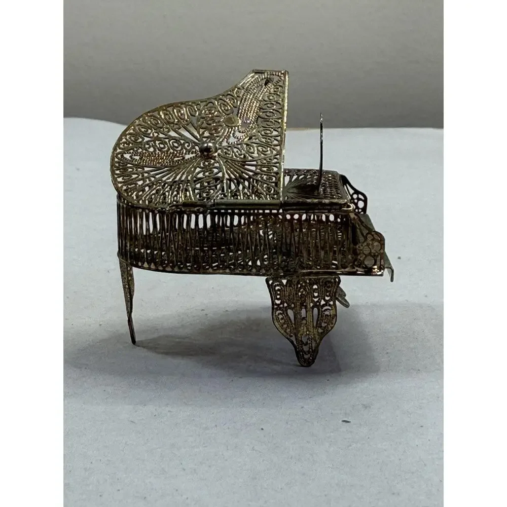 Vintage Silver Filigree Miniature Grand Piano, Wirework Trinket Box, Collectible